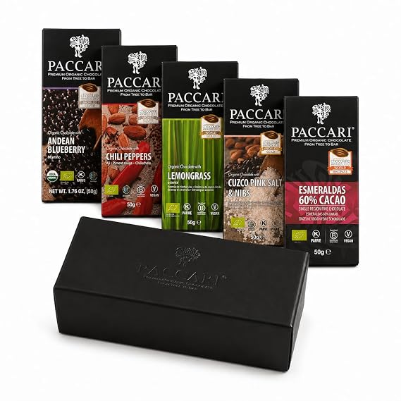 Paccari Premium Organic Dark Chocolate Bars, Variety Gift Box, 5 Pack