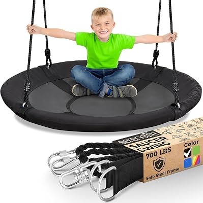 SereneLife 40 Saucer Swing - Outdoor Swing Set with Universal Hanging Kit, Swinging Seat Spinner with Pillow & Carry Bag, Weatherproof, Water-Resistant, Supports Up to 700 lbs, Black