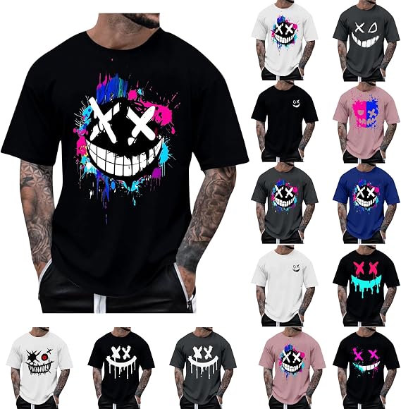 Mens Graphic T-Shirts Short Sleeve Streetwear Hip Hop T Shirt Casual T Shirt Funny Smile Black Teeth Graphic T-Shirts