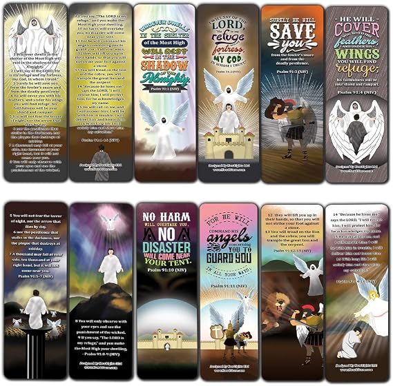 NewEights Psalm 91 Bookmarks Cards (60-Pack) | Church Memory Verse Sunday School Rewards; Christian Stocking Stuffers Birthday Party Favors Assorted Bulk Pack