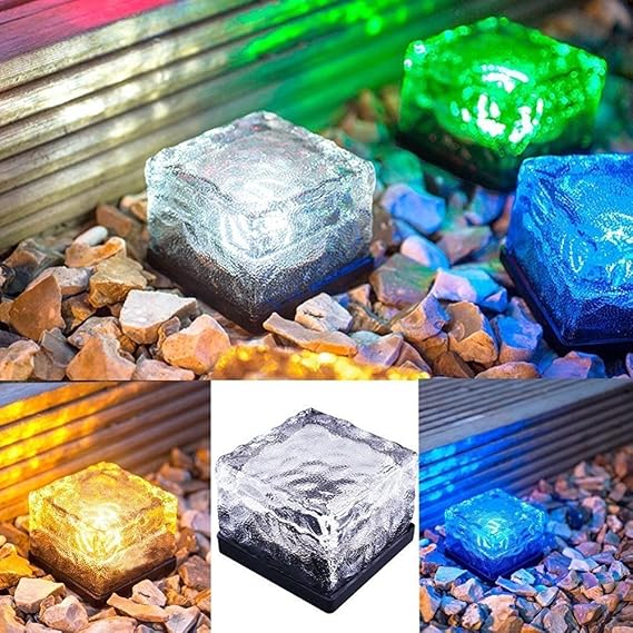 BANGWEIER Solar Powered Light Solar Power LED Ground Crystal Glass Ice Brick Shape Outdoor Garden Deck Road Path Lamp Light