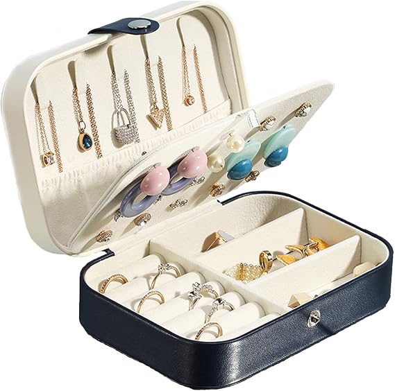 PU Leather Small Travel Jewelry Box Watch Necklace Ring Storage Organizer Mini Jewelry case Double Layer Travel Jewelry Organizer Box (Blue)
