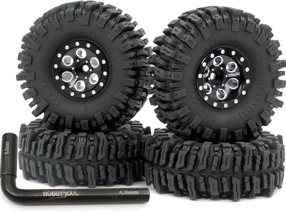 HOBBYSOUL 64mm tall 1.0 mud slingers tires and Adjustable Offset 1.0 beadlock wheels, 1.0 tires Heavy 1.0 beadlock wheels Rims For RC Crawler 1/24 SCX24 1/18 TRX4M Upgrade