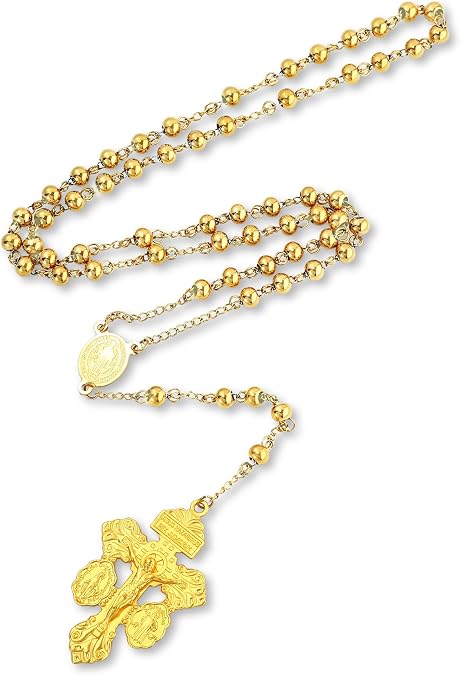 SANDOO Pardon Crucifix Necklace with Stainless Steel Rosary Beads - Cruz Del Perdon Catolica with St Benedict Medal,Crucifijo Del Perdon,Regalo Religioso Catolico De Para Hombres Y Mujeres