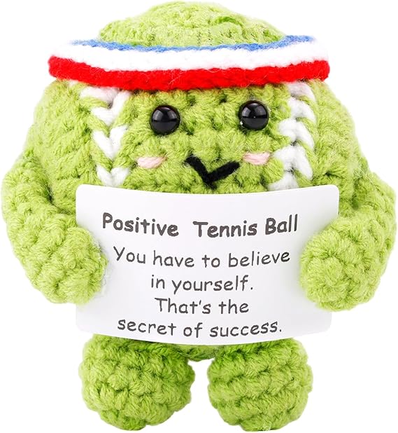 Positive Tennis Ball, Cute Funny Crochet Inspirational Tennis Ball Positive Knitted Motivational Animal Doll Crochet Toy with Positive Card for Sports Lover Friends Party Decorations