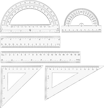 6 Pcs Geometry Set Transparent Plastic Clear Ruler Drafting Kit Includes Protractor Straight Ruler Triangle Rulers Clear Measuring Tools for Office Home Supplie