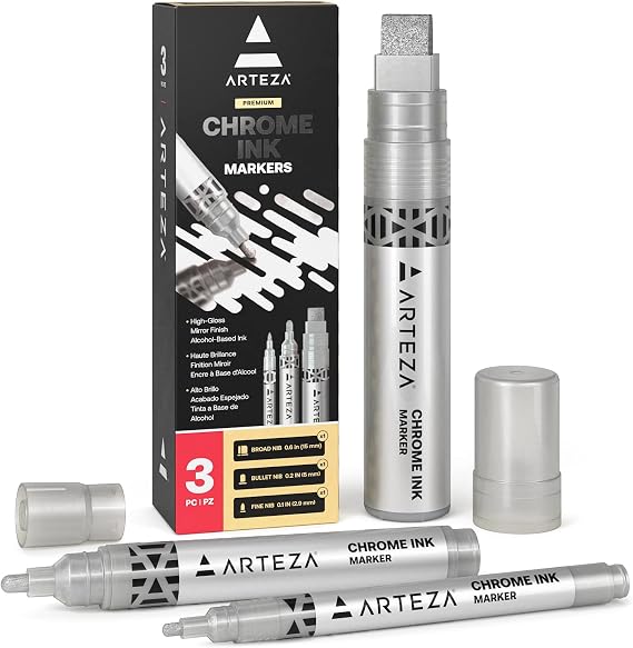 ARTEZA Mirror Chrome Marker Set, 3 Pack, 2.9mm, 5mm & 15mm Nibs, Hi-Gloss Silver Metallic Pens