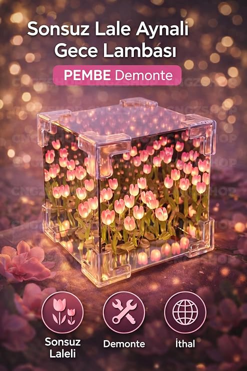Sonsuz Lale Aynalı Gece Lambası, 3D Dekoratif LED, Pembe, Demonte
