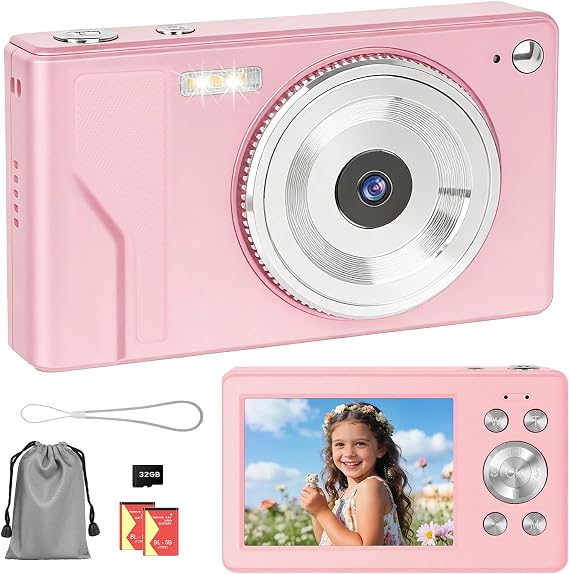 Digital Camera 56MP 1080P FHD Photo Camera with Auto Focus 16X Digital Zoom Camera Portable Compact Camera 2.8 Inch LCD Screen 32GB SD Card & 2 Batteries for Teenagers Beginners (Pink-2)