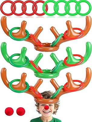 Christmas Inflatable Reindeer Antler Ring Toss Game Xmas Antler Heandband Toys Christmas Party Game Supplies for School Family Team Game Indoor Outdoor