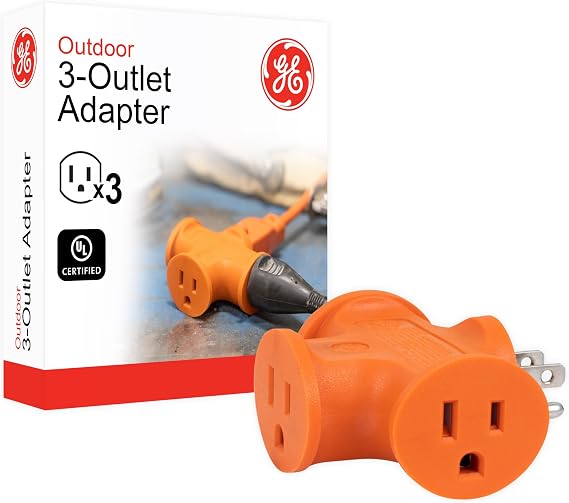 GE 50281 Heavy Duty 3 Outlet Adapter, Power Outlet Splitter, Grounded Wall Tap, Heavy Duty, UL Listed, Orange | Extension Cord Plug Adapter, 3 Prong, Grounded, Waterproof, Heavy Duty, T-Shaped Power Tap Adapter, Orange, 50281