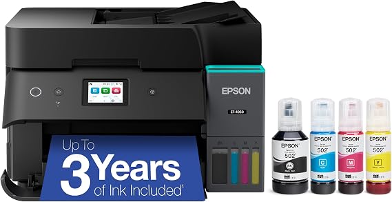 Epson EcoTank ET-4950 Wireless Color All-in-One Supertank Printer - White | Cartridge-free print, scan, copy, fax; up to 18 ppm, ADF, auto 2-sided; ideal for home and small offices