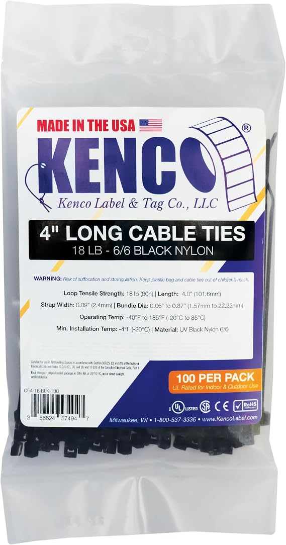 4 Inch Cable Ties, 18 Pound Tensile Strength, Made in the USA, MS3367-4-0, UL Listed, CSA Certified, CE and RoHS Compliant (1, Black)