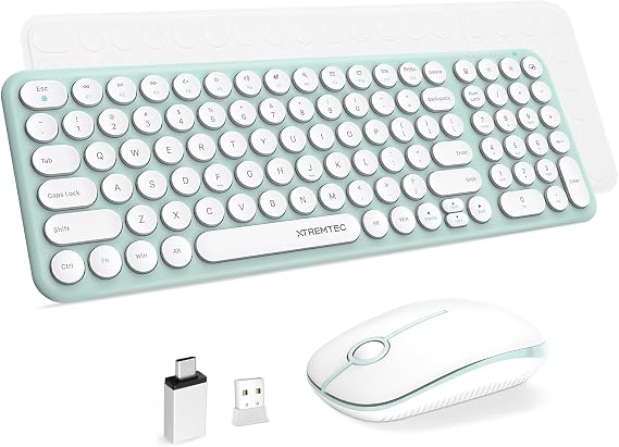 Wireless Keyboard and Mouse Combo,XTREMTEC 2.4GHz Quiet Slim Cute Round Keycap Compact Size Green Kawaii Cordless Retro Keyboard Mouse Set Home Office Accessories for Mac/Windows(Macaron Green)