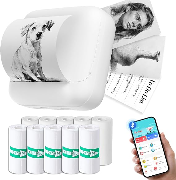tenwin Mini Portable Thermal Printer Inkless Bluetooth, with 11 Rolls Paper | Phone Print Pod, Sticker Thermal Printer, Label Maker, For DIY, Journals (5 roll papers & 6 roll adhesive sticker papers)