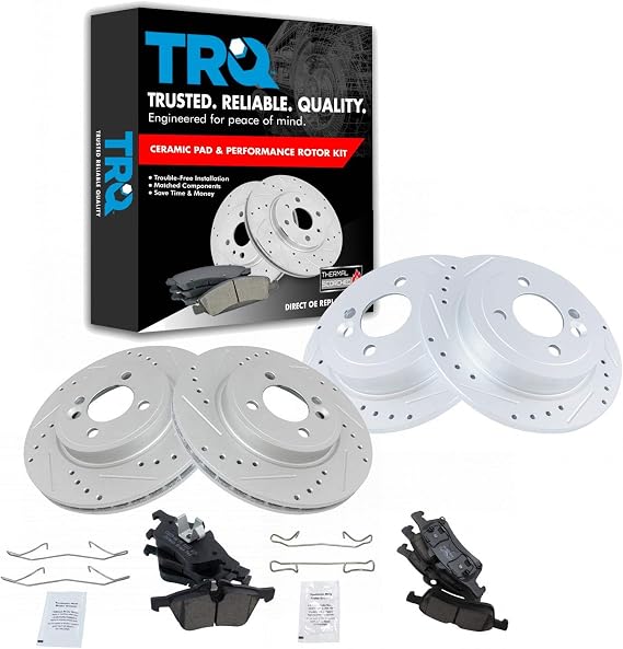 TRQ Performance Front and Rear Brake Pad and Rotor Set Ceramic G Coated Vented Solid Rotors 10.2 in 4-Lug for 2002-2006 Mini Cooper