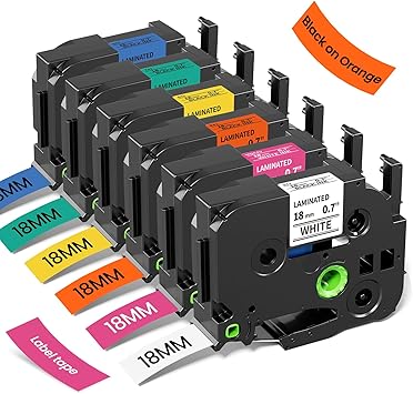 18mm Label Maker Tape Replacement for Brother P Touch Label Tape TZe TZ 18mm 0.7 Laminated, Compatible with PT-D410 D400 D460BT D600, White/Berry Pink/Orange/Blue/Yellow/Green, 3/4" x 26.2', 6-Pack