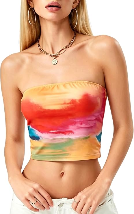 Y2k Floral Tube Top Strapless Sleeveless Sexy Crop Bandeau Cute Teen Girl Going Out Cropped Vest Shirt Streetwear