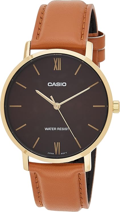 Casio MTP-VT01GL-5B Men's Minimalist Gold-Tone Brown Leather Band Burgundy Dial Three-Hand Analog Watch