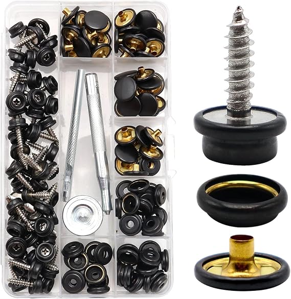 weiwei 153 PCS Canvas Snap Kit Stainless Steel 3/8" Socket Boat Snaps Marine Grade Metal Screws Fasteners with Setting Tool for Carpet Leather Fabric Furniture Cover (Black, 50 Sets)