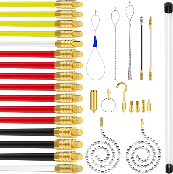 Super Pro 16M Cable Access Rod and 17pcs Attachments Accessories Set, Electricians Tools Including 16 x 1m Rods, Electric Wire Puller, Cable Installation Access Fishing Tool, Electrical Fish Tape