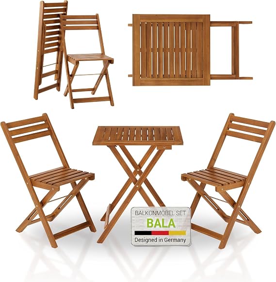 Juskys Bala Balcony Furniture Set 3-Piece Wooden for 2 People Foldable Space-Saving Garden Furniture Table Chairs Balcony Set Folding Chair