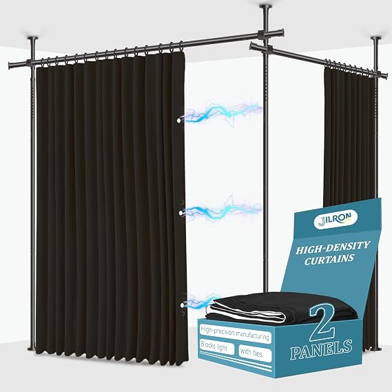 JILRON No-Drill Room Divider Curtains Set: Includes 106" W x 96" L Black Curtain 2-Panel & Adjustable Pole Brackets (72-200" W x 43-120" H Adjustable Range)