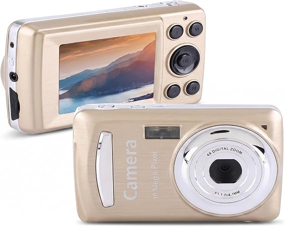 Digital Camera for Kids, 16MP 720P FHD 2.4" LCD Screen 4x Digital Zoom Camcorder 30fps Video Camera for Children Beginners Elderly Gold