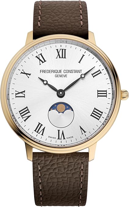 Frederique Constant Classic Quartz Moonphase Gold Stainless Steel Case Watch and Brown Leather Strap, Silver Dial, Style: FC-206RS3S5
