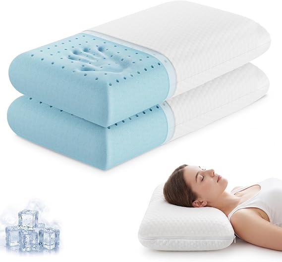 Sweetcrispy Cooling Gel Memory Foam Pillows for Sleeping, Back and Side Sleeper Support, Standard Size and Medium Firm, Bed Pillows for Adults with Washable Cover and Breathable Mesh 2 Pack, White