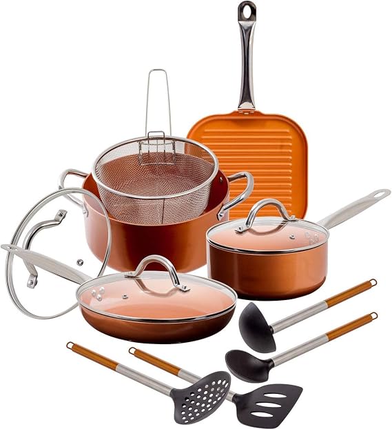 12 Piece Copper Ceramic Nonstick Cookware Set Fry Sauce Pan Casserole Fryer Insert S/Steel Spoon, Spatula, Ladle Slotted Turner Glass Lids Utensils