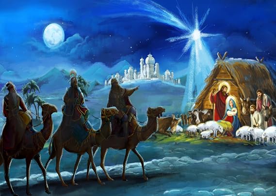 BELECO Fabric 7x5ft Nativity Scene Backdrop Christmas Night Starlight Holy Family and Three Kings Desert Manger Birth of Jesus Backdrop Outdoor Xmas Decor Church Religion Christian Photo Booth Props