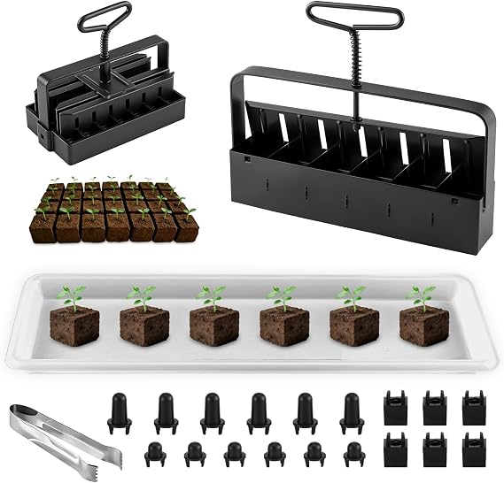 Soil Blocker 2 Pack-Large 2" and Small 0.67" with Tools | 6 Cell 2 inch Soil Block Maker for Seed Starting and Cuttings, with 3 Types of Seed Pins, Seedling tray, Grow Tweezer, Iron