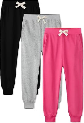 HXP 3 Pack Girls Sweatpants Girls Joggers Soft Cotton Athletic Sweatpants Pants for Kids with Pocket Drawstring