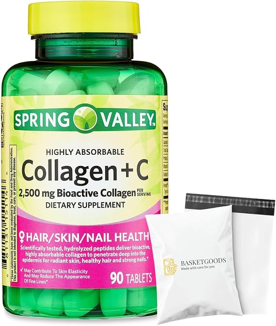 Spring Valley's Collagen + C Tablets, 2,500mg, 90 Tablets | Collagen Plus Vitamin c | Collagen + Vitamin C 60 mg | Collagen C Spring Valley Bundle with Basket Goods Store