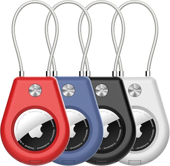 Secure Holder for AirTag 1st & 2nd Generation with Wire Cable,4 Pack | for Key Ring, Keys, Luggage, Backpack, Sturdy Protection Key Chain Lock Case Black/White/Red/Blue
