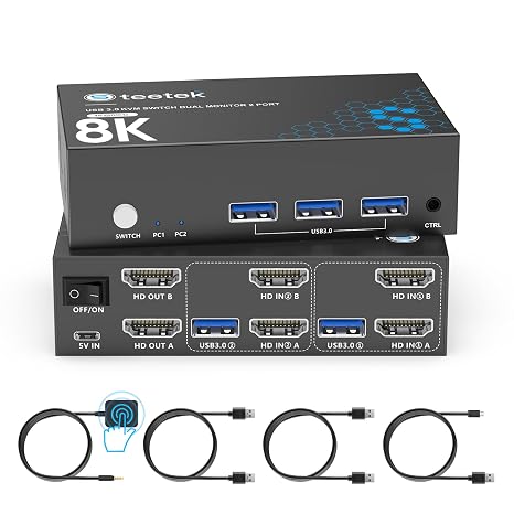 Hearvo 8K@60Hz HDMI KVM Switch 2 Monitors 2 Computers, Dual Monitor KVM Switch with EDID Adaptive, USB Sharing, Keyboard Mouse Printer Control, S7229H2