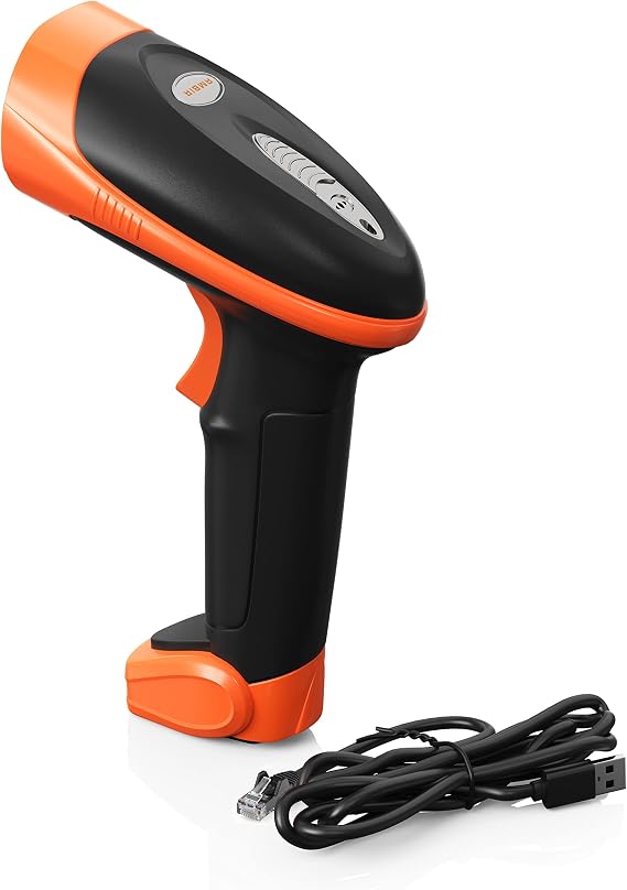 AMBIR BR100 Wired/USB Barcode Scanner: Supports-1D,2D,PDF417, QR barcodes. OS: Win, Mac, Linux, Android. Read: Phone/Tablet Screens, Wrinkled/Low Quality barcodes. HID Device-Plug&Play-Black/Orange