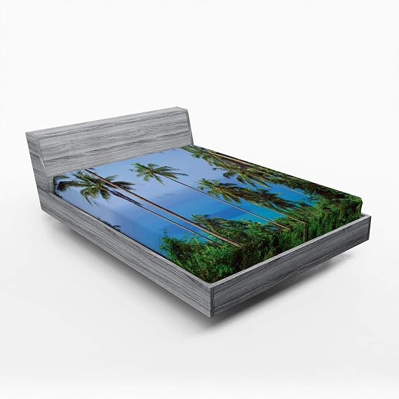 Ambesonne Palm Tree Fitted Sheet, Ocean Scene from Jungle Tropical Picture of Paradise in Nature Theme, Bed Cover with All-Round Elastic Deep Pocket for Comfort, California King, Blue Green