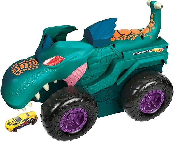 ​Hot Wheels Monster Trucks Car Chompin' Mega-Wrex Giant Vehicle & Car | Features Light and Sound Effects,#34;Eats" & "Poops" 1:64 Scale Die-Cast Toy Vehicles, One Car is Included, GYL13