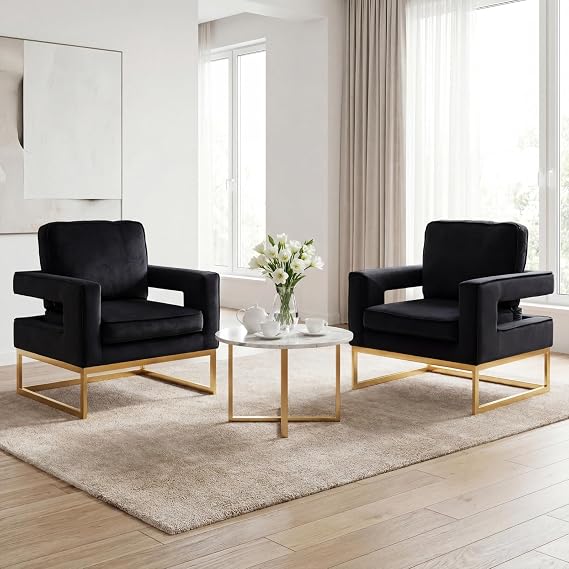 Ya-Home Modern Accent Chair Set of 2, Velvet Upholstered Side Chair with Backrest, Comfy Armchair Side Chair with Golden Metal Base for Living Room Reception Room, Black