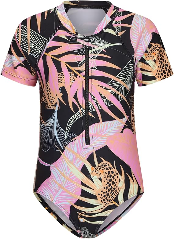 Girls One Piece Swimsuits Short Sleeve Rash Guard for Girl Hawaiian Bathing Suit with Sun Protection Beachwear