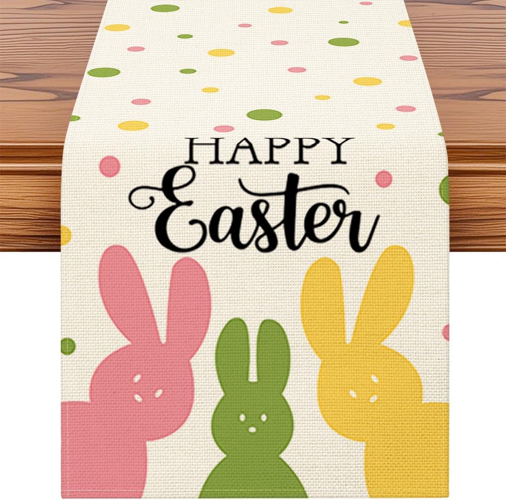 Artscope Happy Easter Peeps Bunny Table Runner Spring Easter Holiday with Pink Green Yellow Rabbit Pattern Seasonal Kitchen Dining Table Runner Decoration for Home Spring Party Decor 40x240cm