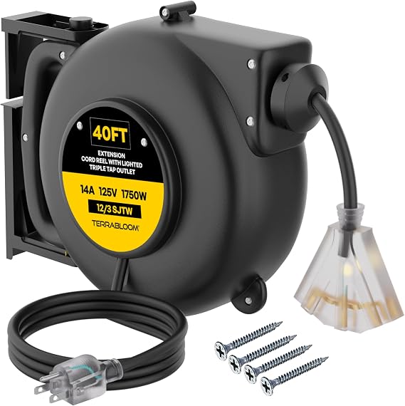 TerraBloom Retractable Extension Cord Reel with Light Indicator - 40 FT Triple Outlet - Wall Mounted - UL Listed 14 Amp 125V 1750W