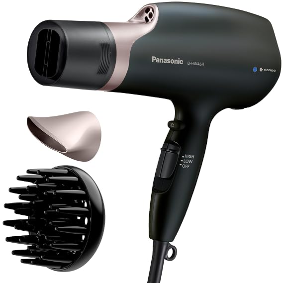 Panasonic Nanoe Salon Hair Dryer with Oscillating Quickdry Nozzle, Diffuser & Concentrator Attachments, 3 Heat & 2 Speed Settings, Japanese Technology for All Hair Types EH-ANA6HN (Black/Pink Gold)
