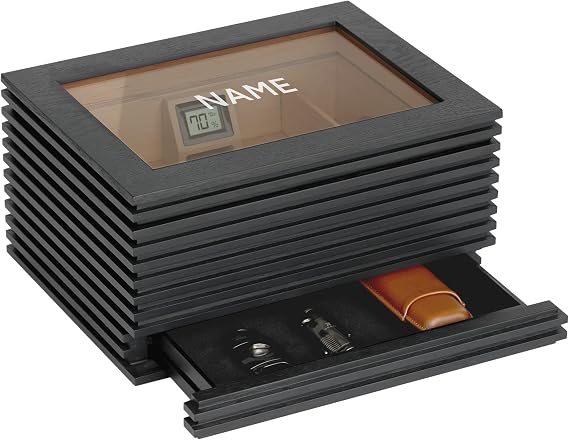 Monogrammed Kobi Modern Glass Top Humidor, Dark Gray Wood Slat Design, Digital Hygrometer, Spanish Cedar, Humidor Solution, Hydro System, and Hidden Accessory Drawer - Holds (50-80 Cigars) by Klaro