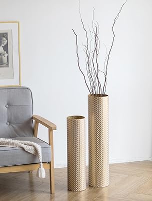 Sziqiqi Tall Gold Floor Vase: Set of 2 Woven Texture Metal Cylinder Vases Extra Large Decorative Standing Vase - 27.621.7in Vintage Vases Home Decor for Living Room Bedroom Home Corner Indoor Office