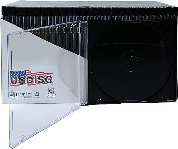 USDISC CD Jewel Cases Slimline 5.2mm, Single 1 Disc, Black, Pack of 25