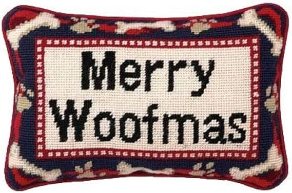 PK Merry Woofmas Dog Christmas Wool Needlepoint Throw Pillow - 8" x 12"