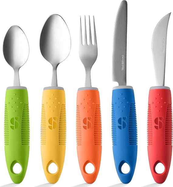 Special Supplies Adaptive Utensils(5-Piece Kitchen Set) Wide, Non-Weighted, Non-Slip Handles for Hand Tremors, Arthritis, Parkinsons or Elderly Use - Stainless Steel Knives, Fork, Spoons - Multicolor